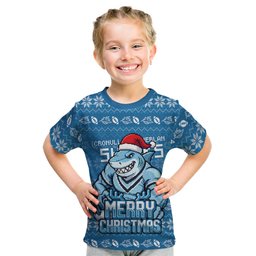 Personalized Cronulla Sharks Christmas Kid T Shirt Australian Rugby Fans - Pixelated Ugly Xmas Pattern Mascot Santa