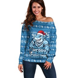 Personalized Cronulla Sharks Christmas Off Shoulder Sweater Australian Rugby Fans - Pixelated Ugly Xmas Pattern Mascot Santa