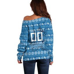Personalized Cronulla Sharks Christmas Off Shoulder Sweater Australian Rugby Fans - Pixelated Ugly Xmas Pattern Mascot Santa