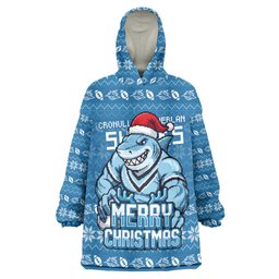 Personalized Cronulla Sharks Christmas Wearable Blanket Hoodie Australian Rugby Fans - Pixelated Ugly Xmas Pattern Mascot Santa