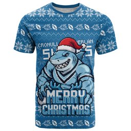 Personalized Cronulla Sharks Christmas T Shirt Australian Rugby Fans - Pixelated Ugly Xmas Pattern Mascot Santa