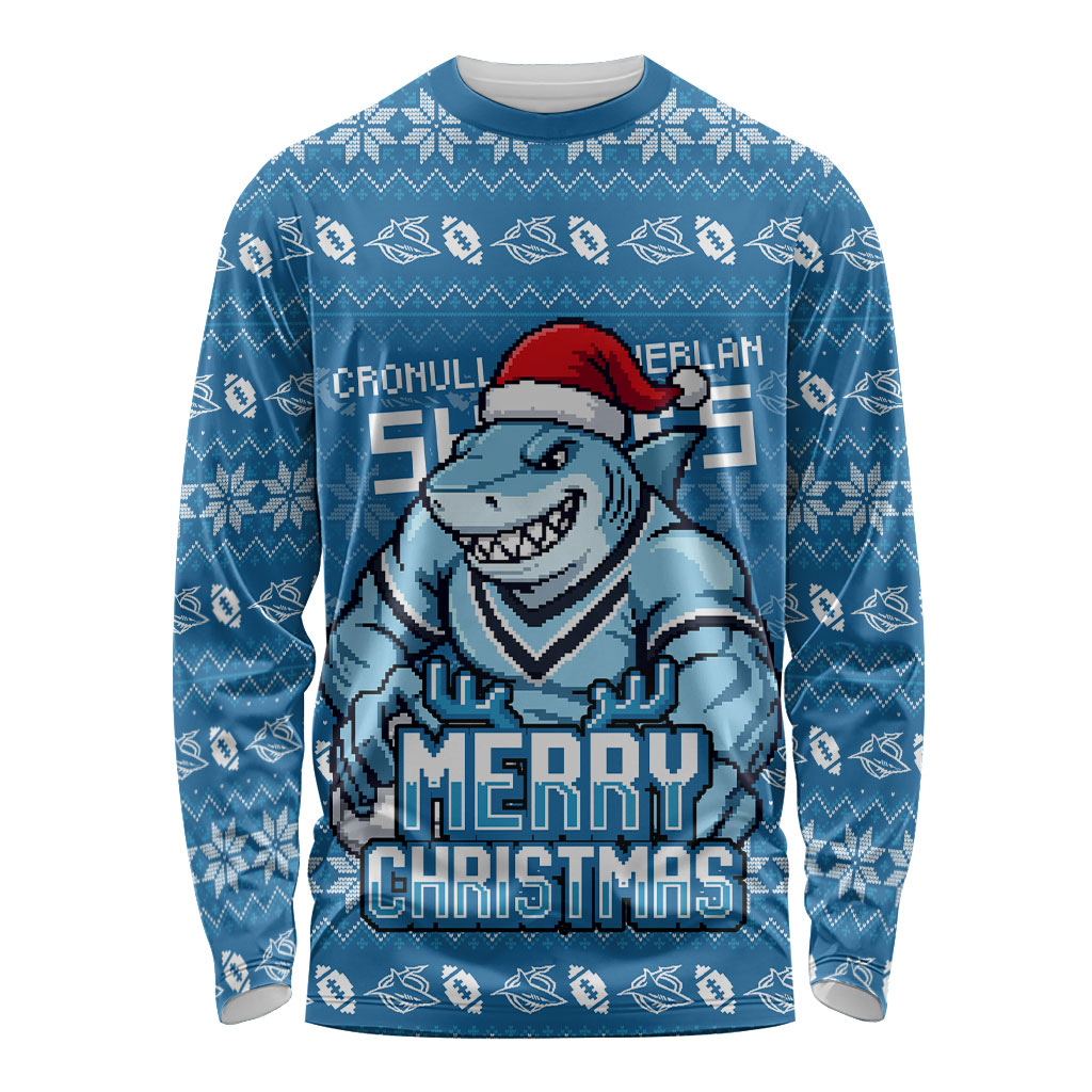 Personalized Cronulla Sharks Christmas Long Sleeve Shirt Australian Rugby Fans - Pixelated Ugly Xmas Pattern Mascot Santa