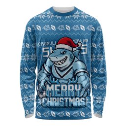 Personalized Cronulla Sharks Christmas Long Sleeve Shirt Australian Rugby Fans - Pixelated Ugly Xmas Pattern Mascot Santa