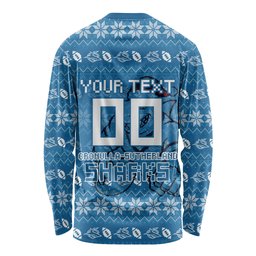 Personalized Cronulla Sharks Christmas Long Sleeve Shirt Australian Rugby Fans - Pixelated Ugly Xmas Pattern Mascot Santa