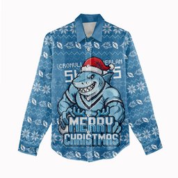Personalized Cronulla Sharks Christmas Women Casual Shirt Australian Rugby Fans - Pixelated Ugly Xmas Pattern Mascot Santa