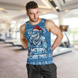 Personalized Cronulla Sharks Christmas Men Tank Top Australian Rugby Fans - Pixelated Ugly Xmas Pattern Mascot Santa