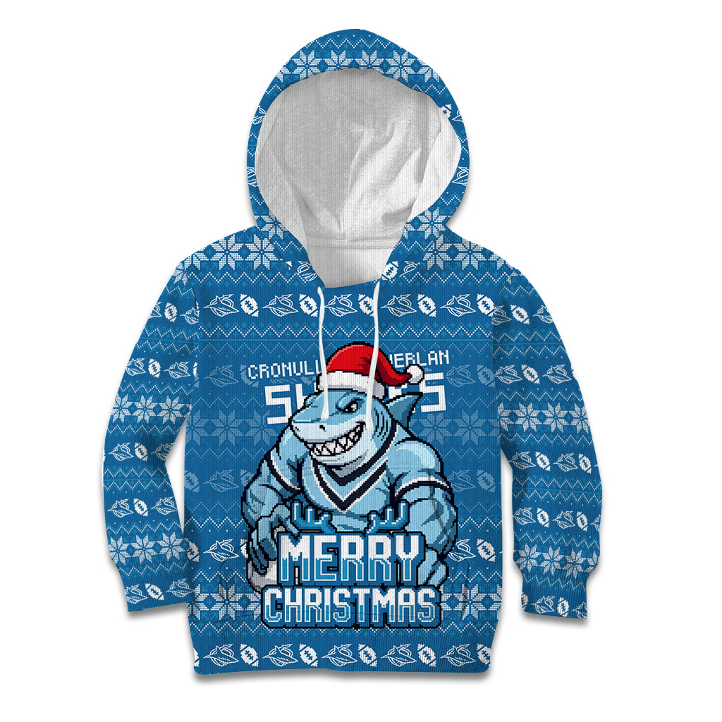 Personalized Cronulla Sharks Christmas Kid Hoodie Australian Rugby Fans - Pixelated Ugly Xmas Pattern Mascot Santa