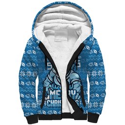 Personalized Cronulla Sharks Christmas Sherpa Hoodie Australian Rugby Fans - Pixelated Ugly Xmas Pattern Mascot Santa