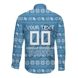 Personalized Cronulla Sharks Christmas Long Sleeve Button Shirt Australian Rugby Fans - Pixelated Ugly Xmas Pattern Mascot Santa