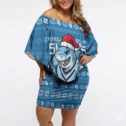 Personalized Cronulla Sharks Christmas Off Shoulder Short Dress Australian Rugby Fans - Pixelated Ugly Xmas Pattern Mascot Santa