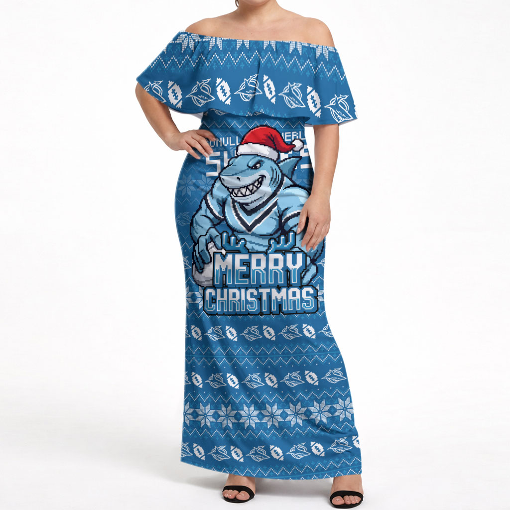 Personalized Cronulla Sharks Christmas Off Shoulder Maxi Dress Australian Rugby Fans - Pixelated Ugly Xmas Pattern Mascot Santa