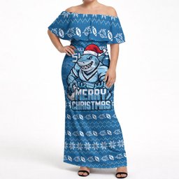 Personalized Cronulla Sharks Christmas Off Shoulder Maxi Dress Australian Rugby Fans - Pixelated Ugly Xmas Pattern Mascot Santa