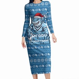 Personalized Cronulla Sharks Christmas Long Sleeve Bodycon Dress Australian Rugby Fans - Pixelated Ugly Xmas Pattern Mascot Santa