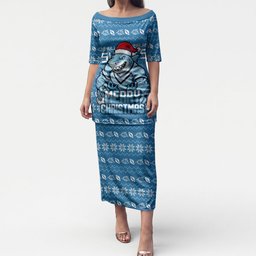 Personalized Cronulla Sharks Christmas Puletasi Australian Rugby Fans - Pixelated Ugly Xmas Pattern Mascot Santa