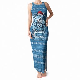 Personalized Cronulla Sharks Christmas Tank Maxi Dress Australian Rugby Fans - Pixelated Ugly Xmas Pattern Mascot Santa
