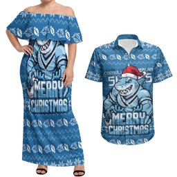 Personalized Cronulla Sharks Christmas Couples Matching Off Shoulder Maxi Dress and Hawaiian Shirt Australian Rugby Fans - Pixelated Ugly Xmas Pattern Mascot Santa