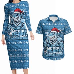 Personalized Cronulla Sharks Christmas Couples Matching Long Sleeve Bodycon Dress and Hawaiian Shirt Australian Rugby Fans - Pixelated Ugly Xmas Pattern Mascot Santa