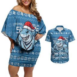 Personalized Cronulla Sharks Christmas Couples Matching Off Shoulder Short Dress and Hawaiian Shirt Australian Rugby Fans - Pixelated Ugly Xmas Pattern Mascot Santa