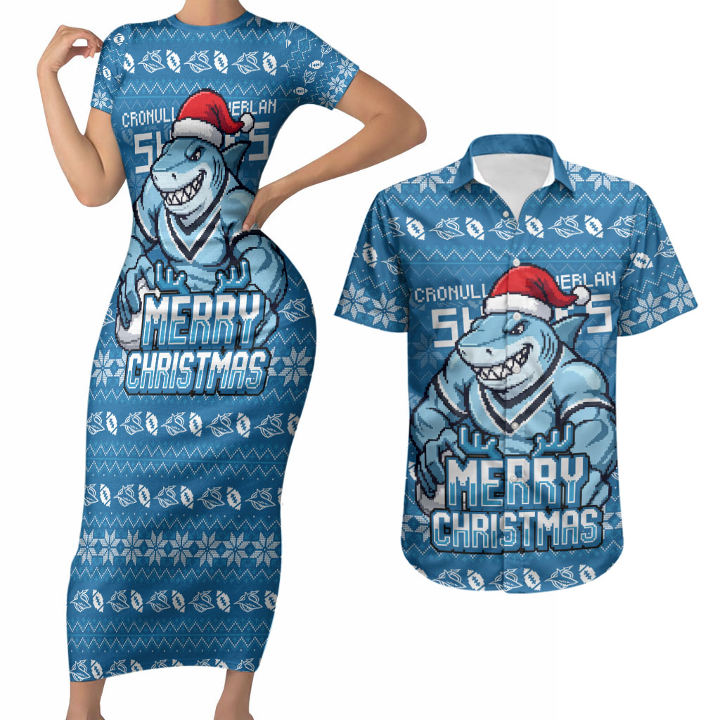 Personalized Cronulla Sharks Christmas Couples Matching Short Sleeve Bodycon Dress and Hawaiian Shirt Australian Rugby Fans - Pixelated Ugly Xmas Pattern Mascot Santa