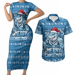 Personalized Cronulla Sharks Christmas Couples Matching Short Sleeve Bodycon Dress and Hawaiian Shirt Australian Rugby Fans - Pixelated Ugly Xmas Pattern Mascot Santa