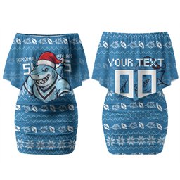 Personalized Cronulla Sharks Christmas Couples Matching Off Shoulder Short Dress and Hawaiian Shirt Australian Rugby Fans - Pixelated Ugly Xmas Pattern Mascot Santa