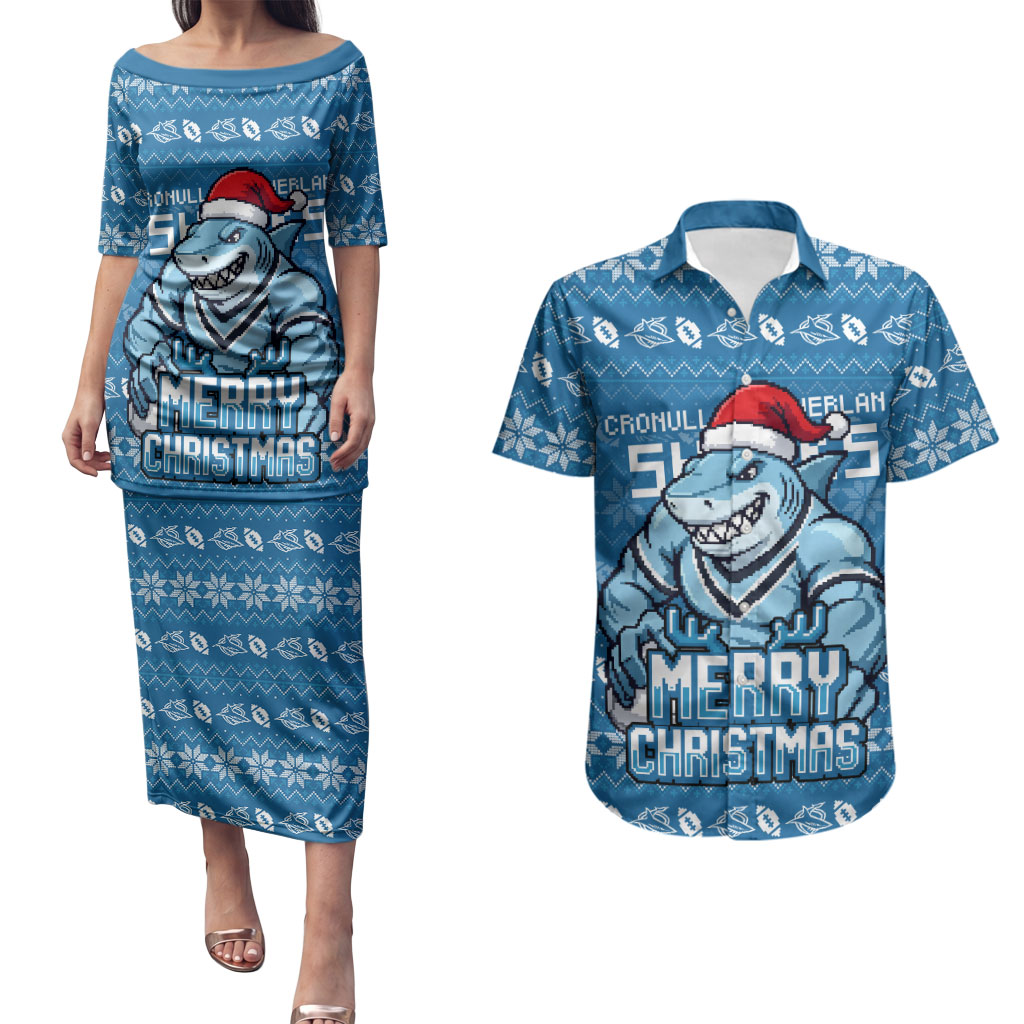 Personalized Cronulla Sharks Christmas Couples Matching Puletasi and Hawaiian Shirt Australian Rugby Fans - Pixelated Ugly Xmas Pattern Mascot Santa