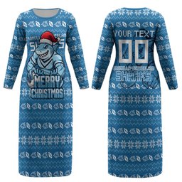 Personalized Cronulla Sharks Christmas Couples Matching Long Sleeve Bodycon Dress and Hawaiian Shirt Australian Rugby Fans - Pixelated Ugly Xmas Pattern Mascot Santa