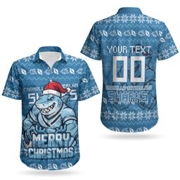 Personalized Cronulla Sharks Christmas Couples Matching Short Sleeve Bodycon Dress and Hawaiian Shirt Australian Rugby Fans - Pixelated Ugly Xmas Pattern Mascot Santa