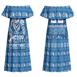 Personalized Cronulla Sharks Christmas Couples Matching Off Shoulder Maxi Dress and Hawaiian Shirt Australian Rugby Fans - Pixelated Ugly Xmas Pattern Mascot Santa