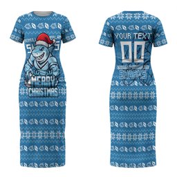 Personalized Cronulla Sharks Christmas Couples Matching Short Sleeve Bodycon Dress and Hawaiian Shirt Australian Rugby Fans - Pixelated Ugly Xmas Pattern Mascot Santa
