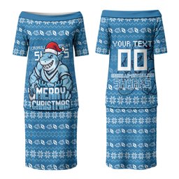 Personalized Cronulla Sharks Christmas Couples Matching Puletasi and Hawaiian Shirt Australian Rugby Fans - Pixelated Ugly Xmas Pattern Mascot Santa