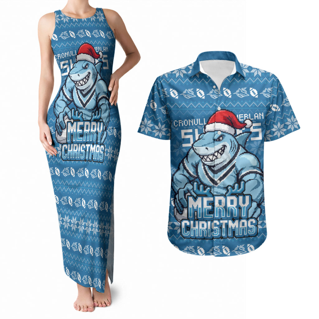 Personalized Cronulla Sharks Christmas Couples Matching Tank Maxi Dress and Hawaiian Shirt Australian Rugby Fans - Pixelated Ugly Xmas Pattern Mascot Santa