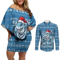 Personalized Cronulla Sharks Christmas Couples Matching Off Shoulder Short Dress and Long Sleeve Button Shirt Australian Rugby Fans - Pixelated Ugly Xmas Pattern Mascot Santa