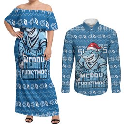Personalized Cronulla Sharks Christmas Couples Matching Off Shoulder Maxi Dress and Long Sleeve Button Shirt Australian Rugby Fans - Pixelated Ugly Xmas Pattern Mascot Santa