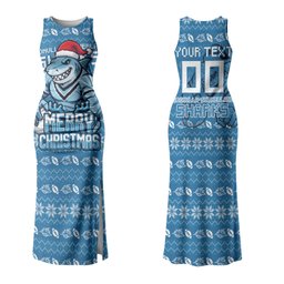 Personalized Cronulla Sharks Christmas Couples Matching Tank Maxi Dress and Hawaiian Shirt Australian Rugby Fans - Pixelated Ugly Xmas Pattern Mascot Santa