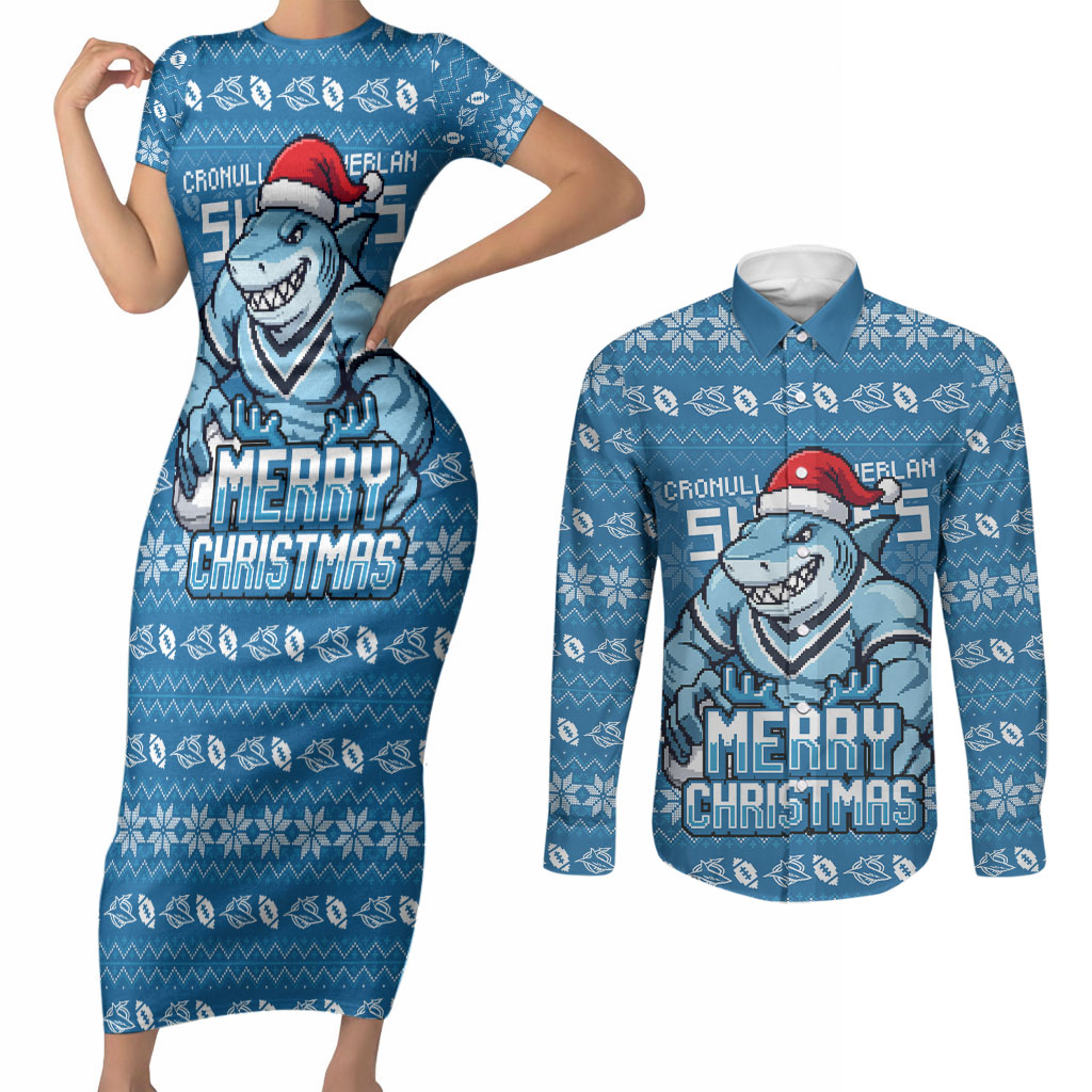 Personalized Cronulla Sharks Christmas Couples Matching Short Sleeve Bodycon Dress and Long Sleeve Button Shirt Australian Rugby Fans - Pixelated Ugly Xmas Pattern Mascot Santa