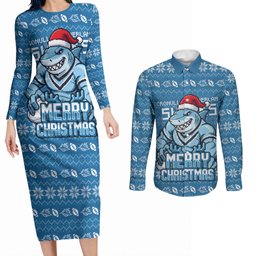 Personalized Cronulla Sharks Christmas Couples Matching Long Sleeve Bodycon Dress and Long Sleeve Button Shirt Australian Rugby Fans - Pixelated Ugly Xmas Pattern Mascot Santa
