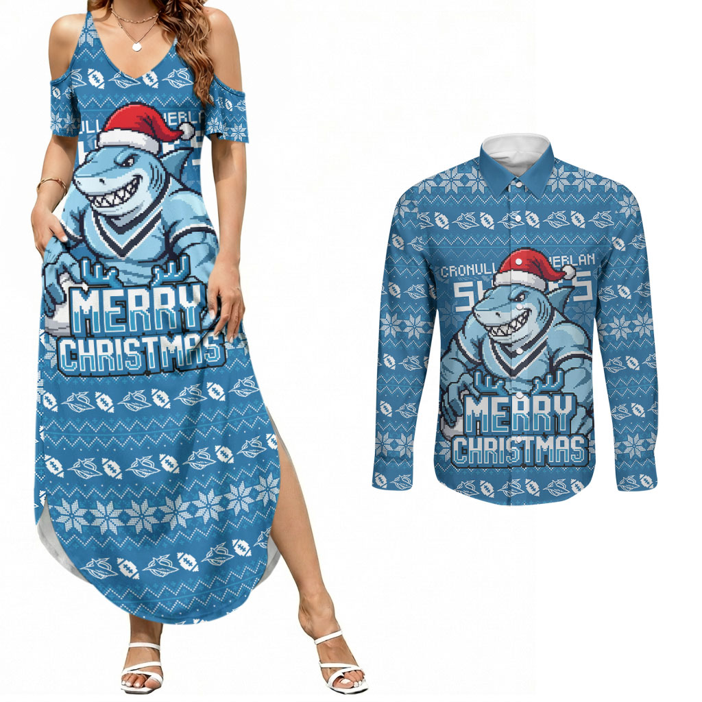 Personalized Cronulla Sharks Christmas Couples Matching Summer Maxi Dress and Long Sleeve Button Shirt Australian Rugby Fans - Pixelated Ugly Xmas Pattern Mascot Santa