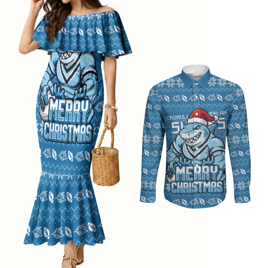 Personalized Cronulla Sharks Christmas Couples Matching Mermaid Dress and Long Sleeve Button Shirt Australian Rugby Fans - Pixelated Ugly Xmas Pattern Mascot Santa
