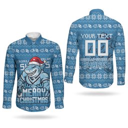 Personalized Cronulla Sharks Christmas Couples Matching Summer Maxi Dress and Long Sleeve Button Shirt Australian Rugby Fans - Pixelated Ugly Xmas Pattern Mascot Santa