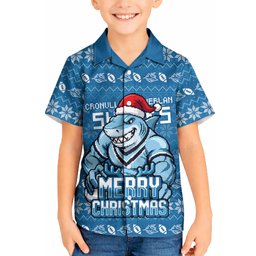 Personalized Cronulla Sharks Christmas Kid Hawaiian Shirt Australian Rugby Fans - Pixelated Ugly Xmas Pattern Mascot Santa