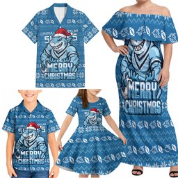 Personalized Cronulla Sharks Christmas Family Matching Off Shoulder Maxi Dress and Hawaiian Shirt Australian Rugby Fans - Pixelated Ugly Xmas Pattern Mascot Santa