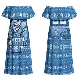 Personalized Cronulla Sharks Christmas Family Matching Off Shoulder Maxi Dress and Hawaiian Shirt Australian Rugby Fans - Pixelated Ugly Xmas Pattern Mascot Santa