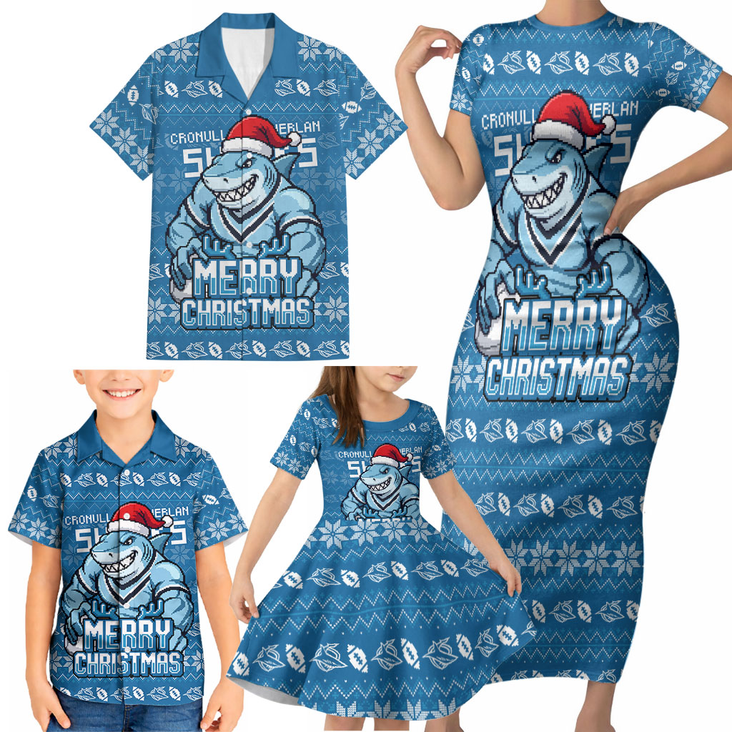 Personalized Cronulla Sharks Christmas Family Matching Short Sleeve Bodycon Dress and Hawaiian Shirt Australian Rugby Fans - Pixelated Ugly Xmas Pattern Mascot Santa