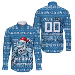 Personalized Cronulla Sharks Christmas Family Matching Off Shoulder Maxi Dress and Hawaiian Shirt Australian Rugby Fans - Pixelated Ugly Xmas Pattern Mascot Santa