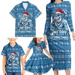 Personalized Cronulla Sharks Christmas Family Matching Long Sleeve Bodycon Dress and Hawaiian Shirt Australian Rugby Fans - Pixelated Ugly Xmas Pattern Mascot Santa