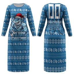 Personalized Cronulla Sharks Christmas Family Matching Long Sleeve Bodycon Dress and Hawaiian Shirt Australian Rugby Fans - Pixelated Ugly Xmas Pattern Mascot Santa