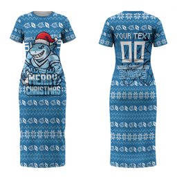 Personalized Cronulla Sharks Christmas Family Matching Short Sleeve Bodycon Dress and Hawaiian Shirt Australian Rugby Fans - Pixelated Ugly Xmas Pattern Mascot Santa