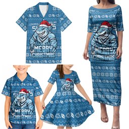 Personalized Cronulla Sharks Christmas Family Matching Puletasi and Hawaiian Shirt Australian Rugby Fans - Pixelated Ugly Xmas Pattern Mascot Santa