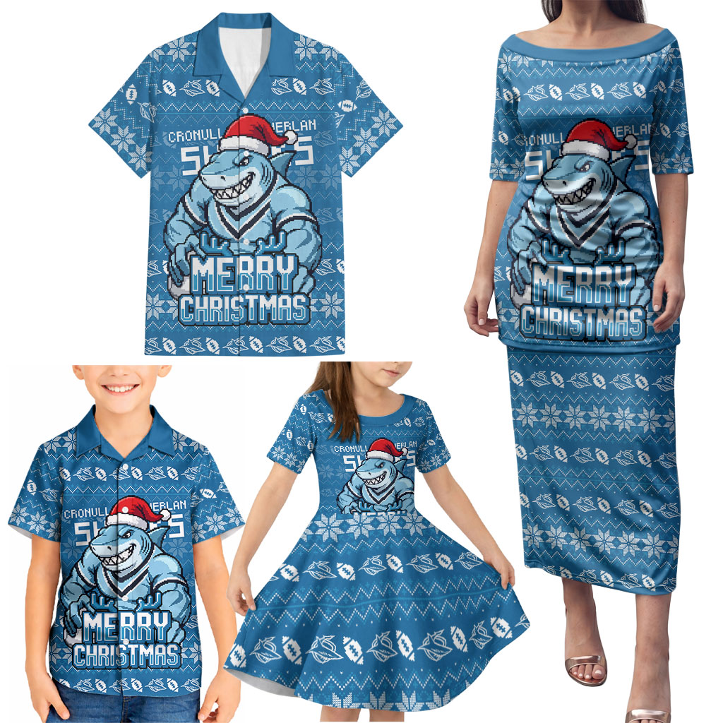 Personalized Cronulla Sharks Christmas Family Matching Puletasi and Hawaiian Shirt Australian Rugby Fans - Pixelated Ugly Xmas Pattern Mascot Santa